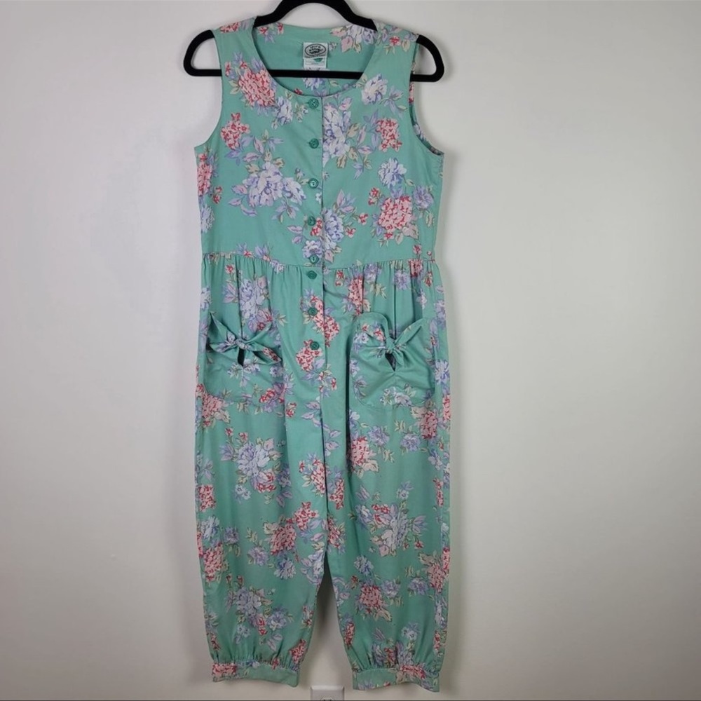 Vintage Laura Ashley Cottagecore Floral Print Jumpsuit Mint Green Size Medium